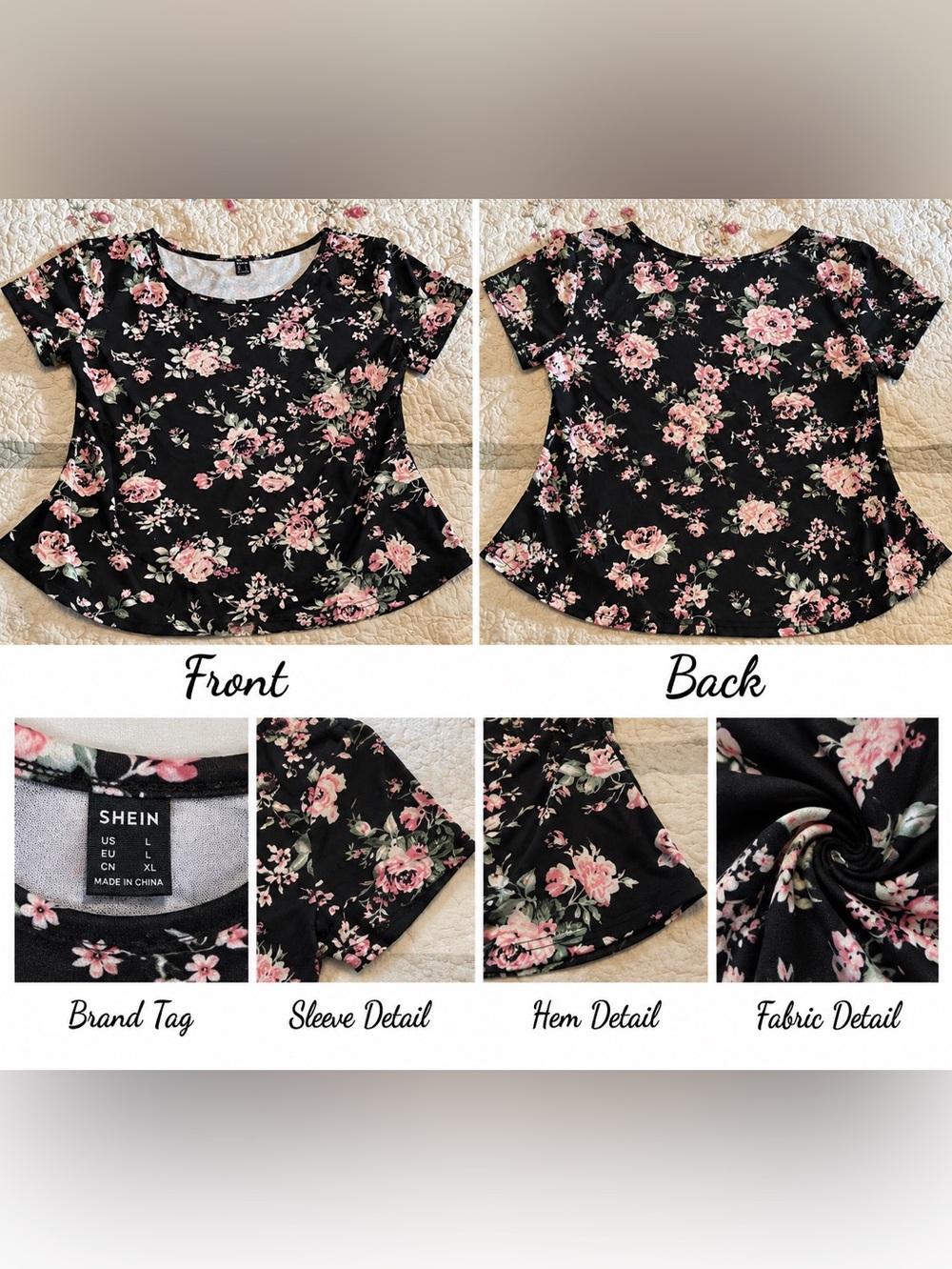 SHEIN Floral Black and Pink Women's Top